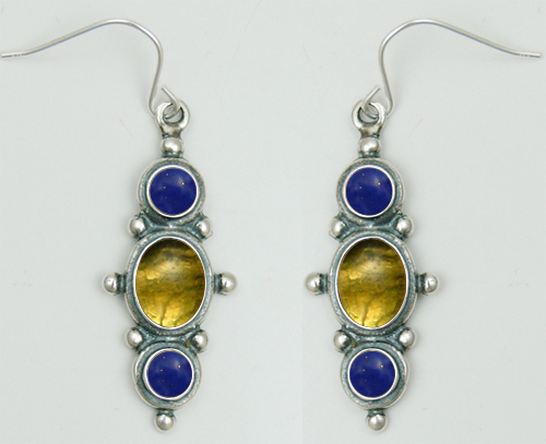 Sterling Silver Drop Dangle Earrings With Citrine And Lapis Lazuli